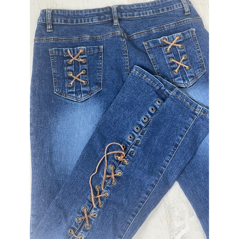 One Tuff Babe OTB Blue Lace Up Flare Jeans Y2K Grommet Detail Stretch Size 9/10